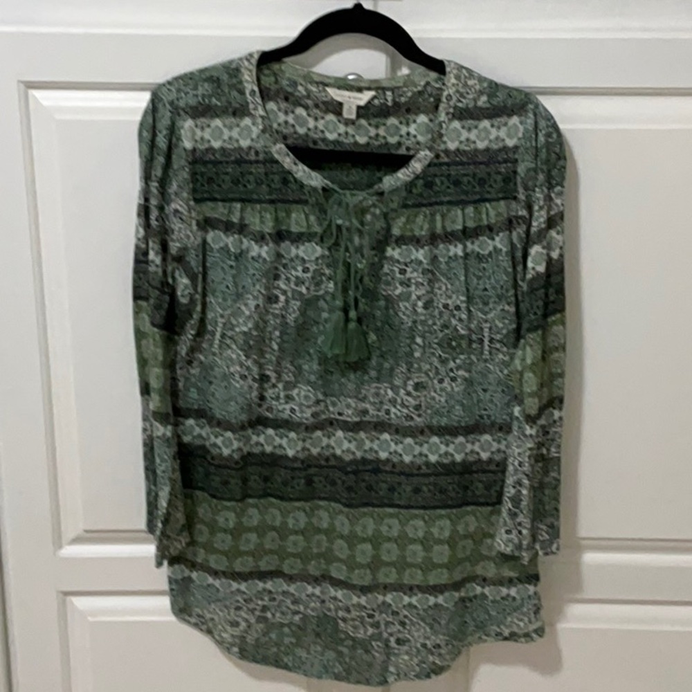 Lucky Brand Green and Black Patterned Top